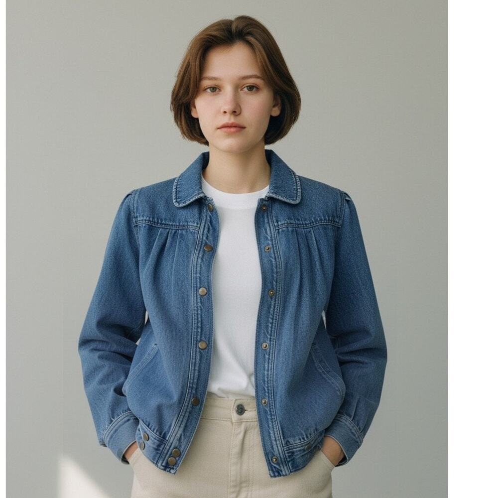 12 L vintage 1980s denim bomber jacket jean puff shoulder Western Cowgirl Chic